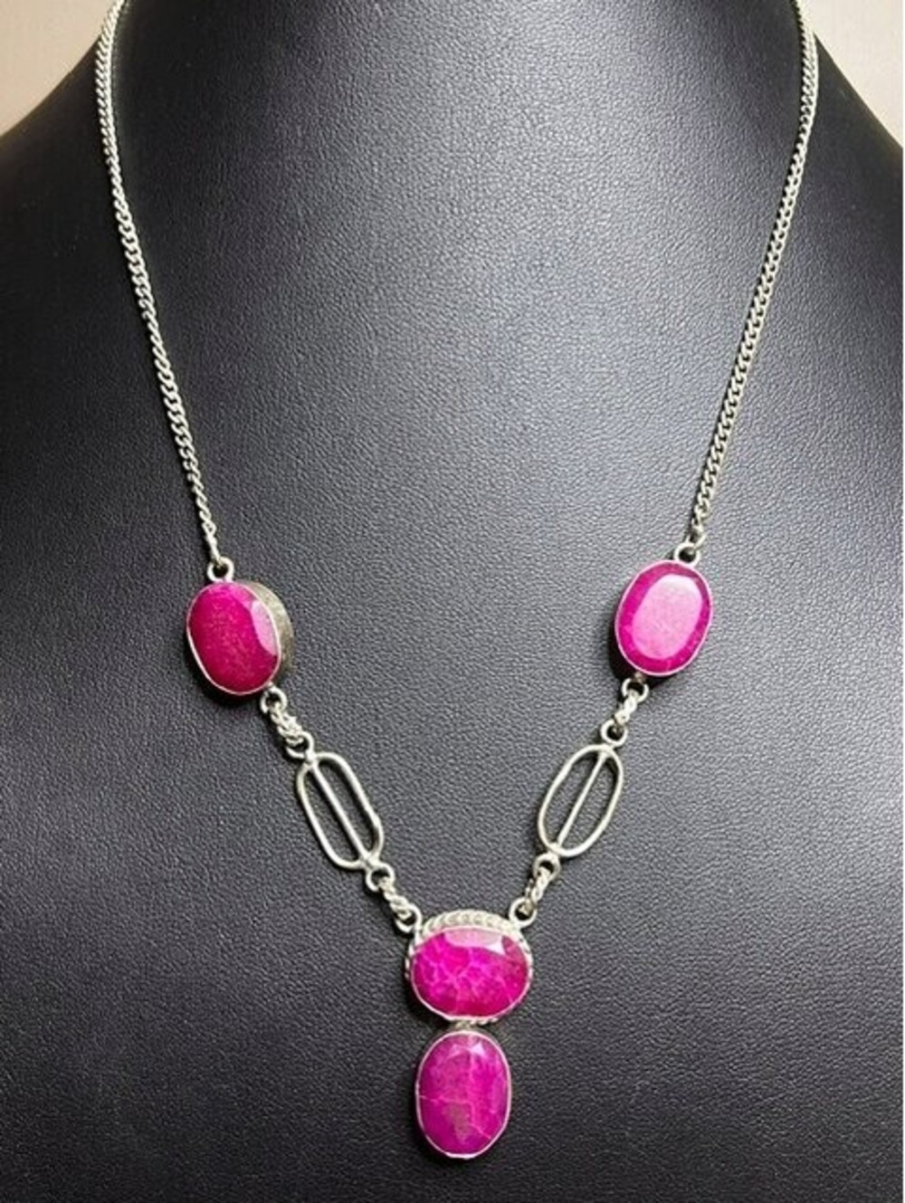 B6683 Vintage Patina Sterling Silver 925 Y-Drop Necklace Raw Ruby Gemstone 18"